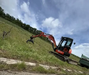 Raupenbagger bei der Weinbergrodung in einer Steillage im Landkreis Heilbronn.