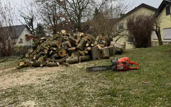 Kettensäge und großer Stapel geschnittenes Brennholz auf Rasenfläche, Gartenarbeit im Zabergäu